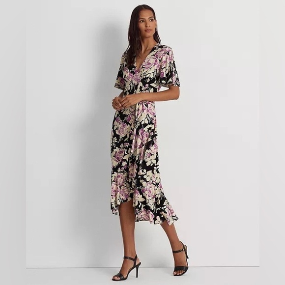 Lauren Ralph Lauren Floral Belted Faux Wrap Purple Cream Black Jersey Dress 4 - Picture 1 of 16